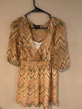 As U Wish Sheer Chevron Print Surplice Mini Dress